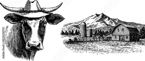 Engraved farm life illustration with oxen and farmer scene for rustic design