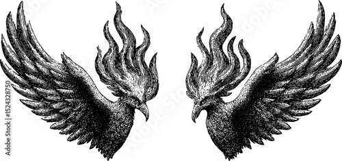Engraved illustration set of phoenix rising mythical birds for artistic design