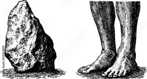 Engraved collection of prehistoric figurines featuring stone and human features