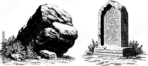 Pre-islamic arabian artifacts engraved illustration set