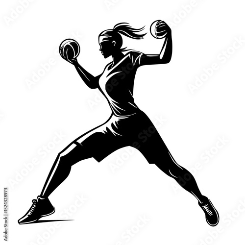 a black and white illustration of a woman with a ball ball, black, girl, illustration, silhouette, woman , Generative art.