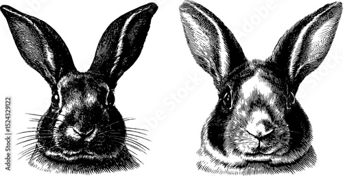 Engraved illustration set featuring rabbit and hare heads for artistic projects