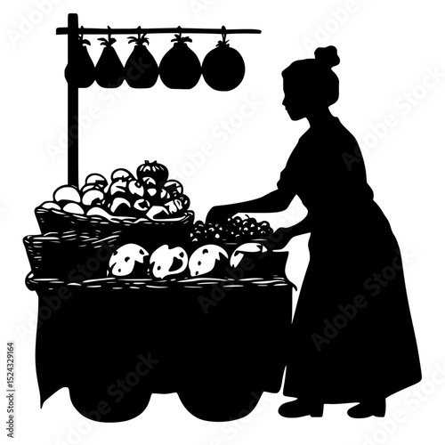 a black and white silhouette of a woman selling fruit at a market basket, black, fruit, lady, market, sell, silhouette, table, woman , Generative art.