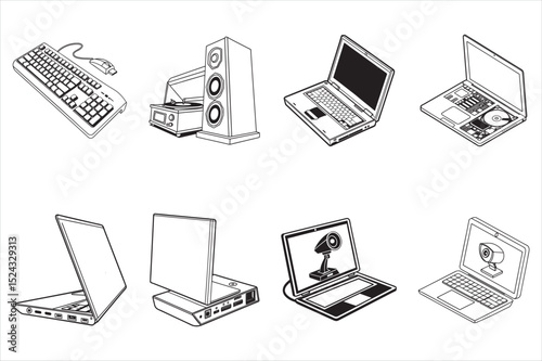 Vector set of 3D computer, laptop, and network device icons for technology, business, and internet communication