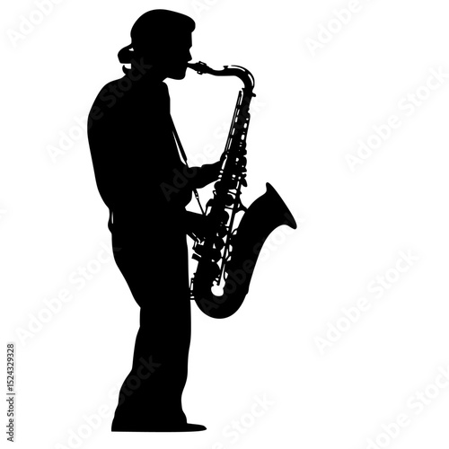 black silhouette of a man playing a saxophone on a transparent background black, instrument, man, musical, play, saxophone, silhouette , Generative art.