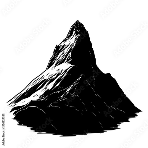 a black and white illustration of a mountain peak black, illustration, mountain, mountain peak, silhouette , Generative art.