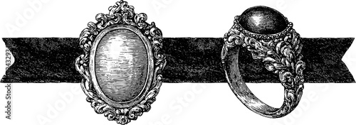 Engraved renaissance cameo brooch and ring illustration set for decorative design