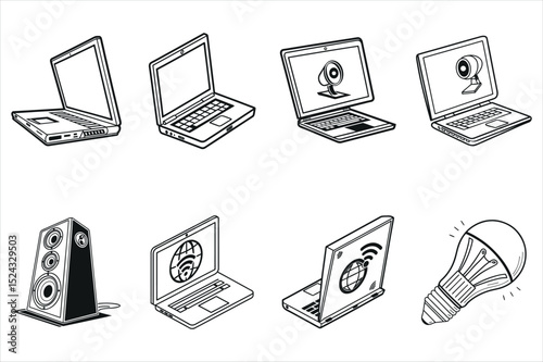 Modern tech devices, including laptops and mobile phones, with essential business and internet icons, form a versatile technology vector set