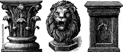 Intricate romanesque column and lion head engravings for architectural design