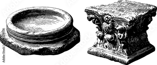 Engraved illustration set featuring antique roman villa fountain for design and decor