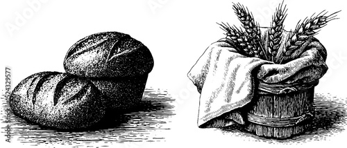 Engraved illustration of round country bread and wheat basket - vintage bakery art