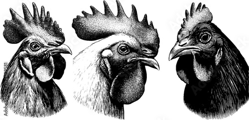 Vintage engraved illustration of rooster and hen heads for rustic farmhouse design