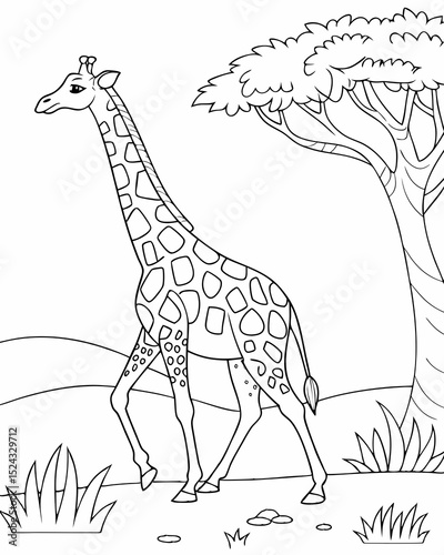 Giraffe Coloring Page with Tree and Savanna Landscape – Wildlife Line Art for Kids and Adults