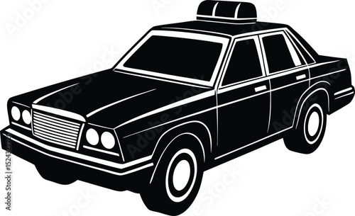 Classic black and white police car illustration with top light bar visible