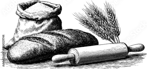 Rustic bread and baking elements engraved illustration for culinary design