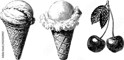 Vintage ice cream and cherry engravings for retro dessert design