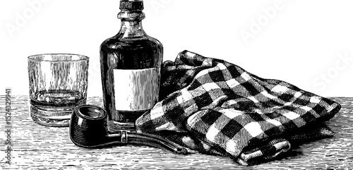 Vintage engraved design featuring scotch bottle, pipe, and plaid cloth for classic decor