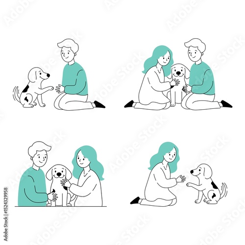 Vector Illustration of Happy People with Shelter Dogs Promoting Pet Adoption, Animal Welfare, and Compassionate Rescue in green color