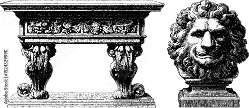 Intricately sculpted fireplace and lion motif engraved illustration for historical design inspiration