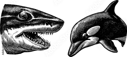 Engraved illustration set featuring shark head and orca for marine life designs