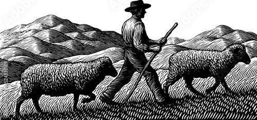 Engraved illustration of shepherd with sheep in mountain landscape for rustic design