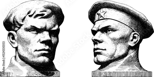Engraved illustration of soviet monument busts highlighting historic art