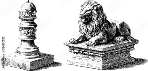 Intricate engraved illustrations of stone chess pieces with lion sculpture