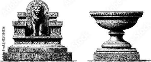 Intricately engraved stone throne and carved pedestal set for historical design