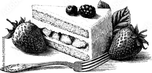 Vintage engraved illustration of strawberry shortcake dessert with fork and berries