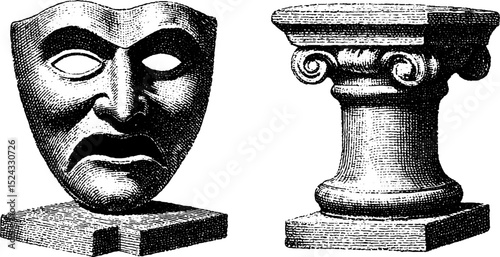 Classical drama mask and pedestal engraving set for theater design and art projects