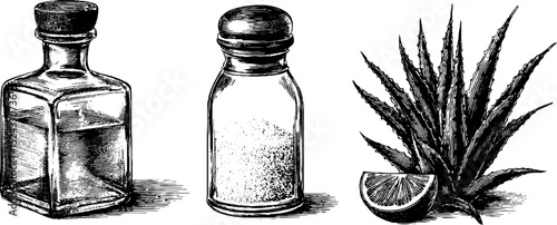 Engraved illustration of tequila bottle, salt shaker, lime, and agave plant for beverage design