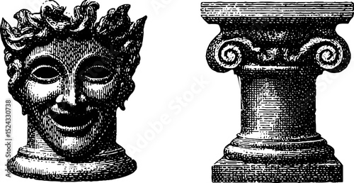 Classic theatrical mask and pedestal set for vintage art and design projects