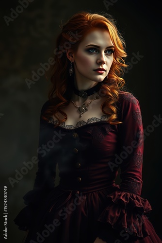 Portrait of a victorian woman with red hair in a gothic dress for stock photos