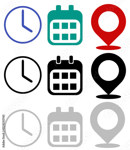 Time, Date, Location Icons – Flat Outline UI Symbol Set PNG for Apps
