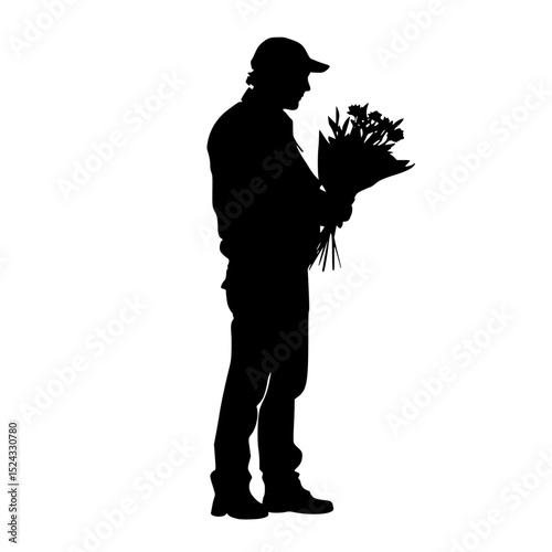 a black silhouette of a man holding a bouquet of flowers black, bouquet, flower, hold, man, silhouette, stand , Generative art.