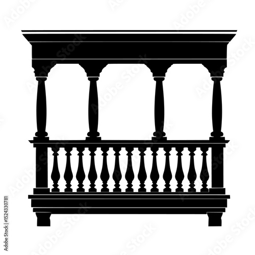 black silhouette of a balcony with columns on a transparent background balcony, black, column, icon, silhouette, style , Generative art.