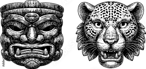 Engraved illustration set of tribal wooden masks featuring traditional designs