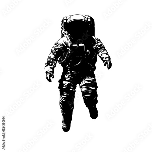 a black and white drawing of a man in a suit floating in space art, astronaut, black, drawing, float, man, space, suit, walk , Generative art.
