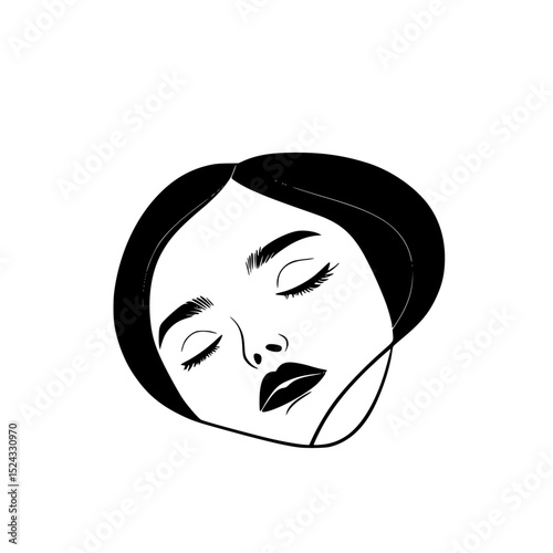 black and white illustration of the face of a beautiful woman with closed eyes and flowing hair beautiful, black, close, closed, eye, face, girl, hair, head, illustration, woman , Generative art.