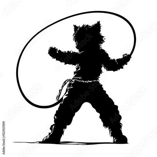 a black and white illustration of a teddy bear in a ring with a rope black, illustration, ring, rope, silhouette, tail, teddy bear , Generative art.