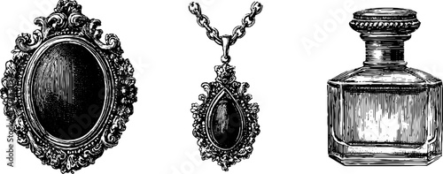 Victorian mourning jewelry and perfume bottle engraving set for historical design