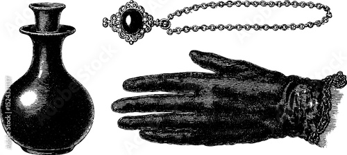 Victorian mourning items set: engraved glove, perfume bottle, and jewelry chain