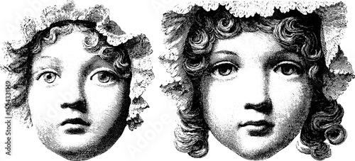 Victorian era porcelain doll faces engraving for antique design and historical art projects