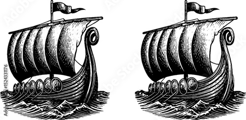 Engraved illustration set of viking longboats with detailed sails and shields