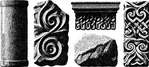 Engraved viking rune stones and patterns illustration set for historical design projects
