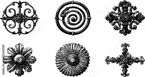 Collection of vintage iron balcony designs - engraved ornamental elements for architectural decor