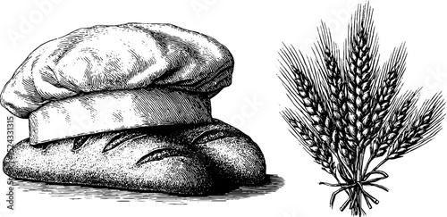 Engraved illustration of wheat field elements and freshly baked bread
