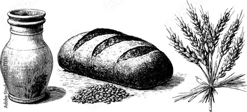 Engraved illustration of wheat field elements and rustic bread for vintage creativity