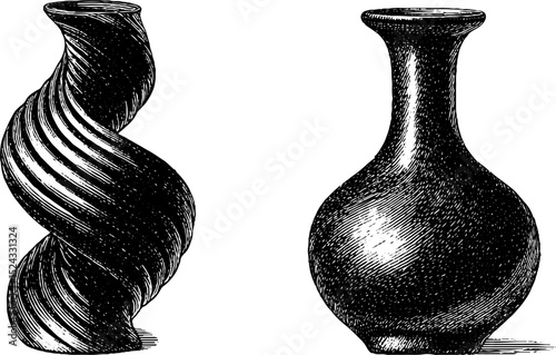 Engraved vintage illustration of a whirl-shaped vase. Artistic ceramic pottery design with elegant swirling textures, intricate etching