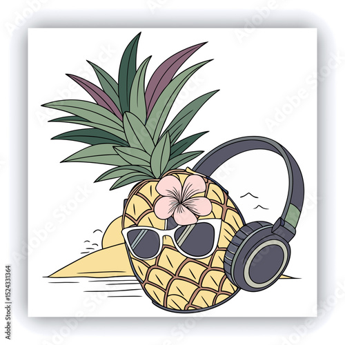 Funny pineapple wearing headphones and sunglasses at the tropical beach, summer vacations and party concept, copy space